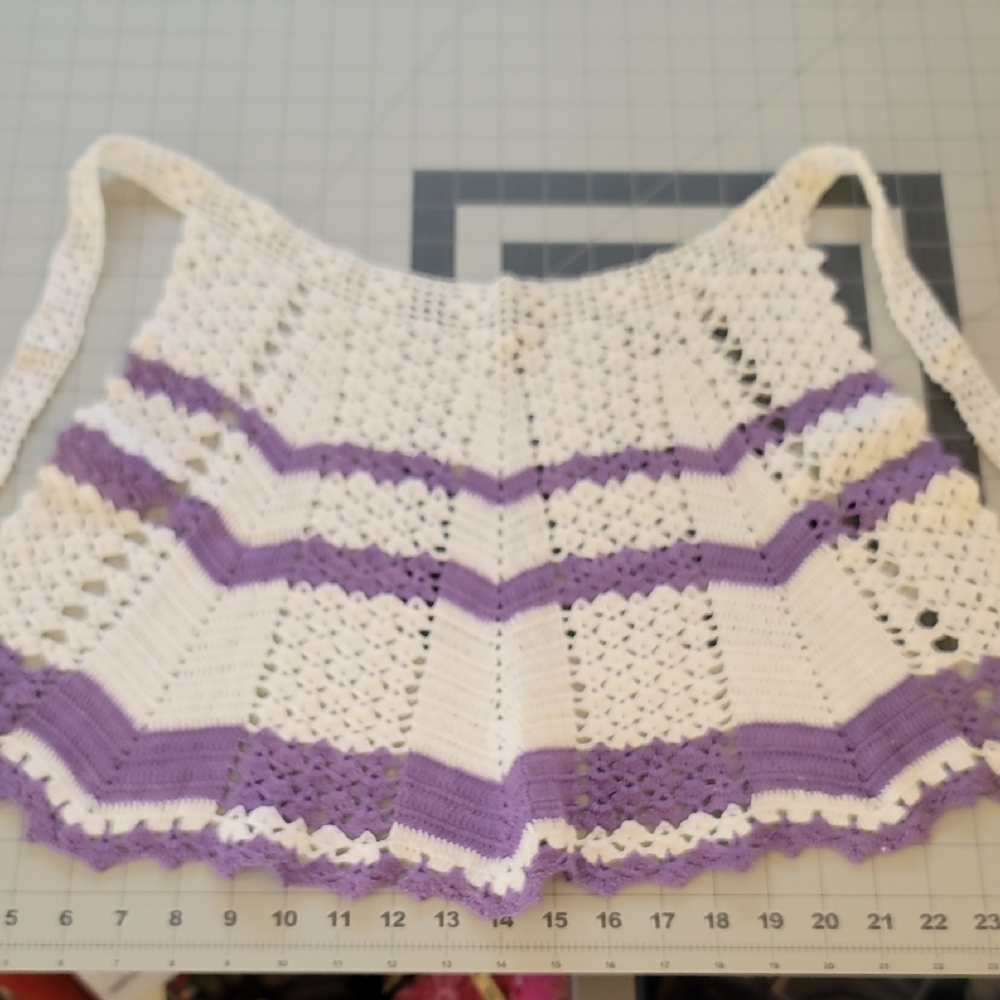 Vintage Handcrafted Crocheted Apron with Purple and White Stripes